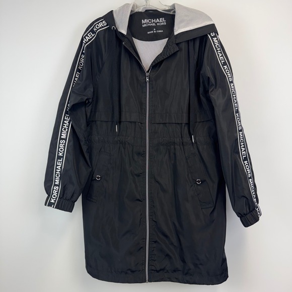 MICHAEL Michael Kors Jackets & Blazers - Michael Michael Kors Womens Black Logo Tape Hooded Windbreaker Jacket Small